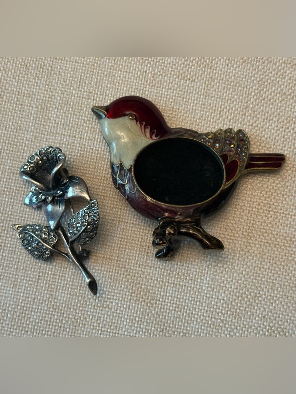 Vintage Marcasite Flower Pin & Enameled Bird Mini Photo Frame Set